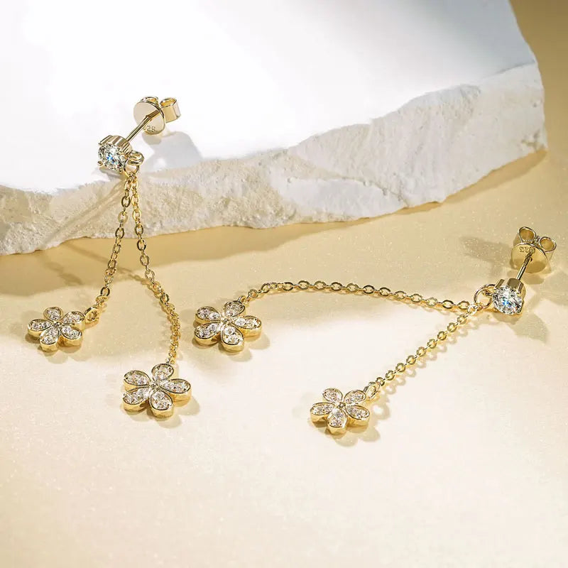 Lnngy Certified D0.30CT Moissanite Flower Earring With GRA Genuine 925 Sterling Silver Tassel Earring For Women Chain Jewelry