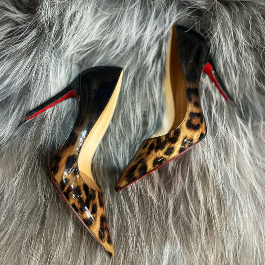 New Gradient Red Bottom Large Heels Sexy Leopard Pattern Pointed Professional Women's Shoes Black Graduation Single Shoes