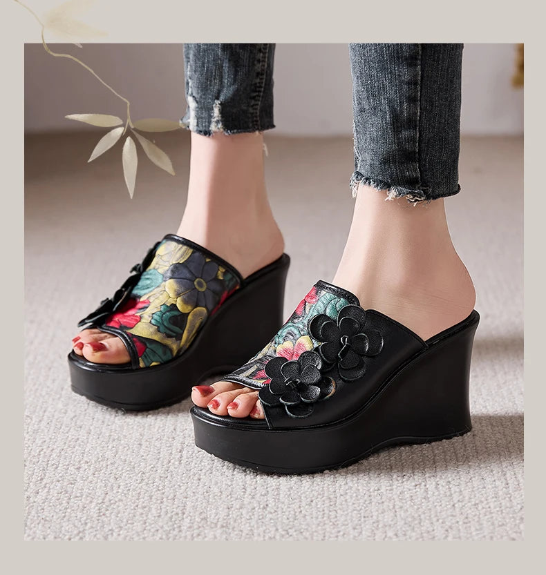 Genuine Leather Women Flower High Heels Wedges Summer Platform Slippers