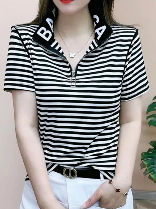 ort Sve T-irt Women's Summer New Faion  irt Zipper Collar Mom's Clothes Anti-Aging Base Layer Top Polyester Fiber