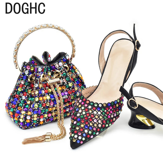 Colorful embellished handbag and high-heeled shoes on a white background with 'DOGHC' branding.