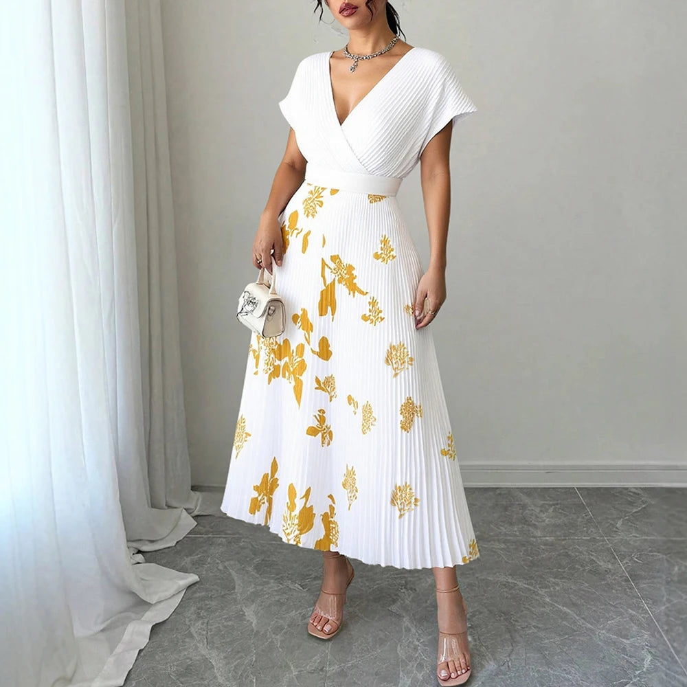 Rafiah Summer Dress 2025 Golden Print Women's Elegant Short Sleeve V-Neck A-Line Midi Dating Arabian Dress