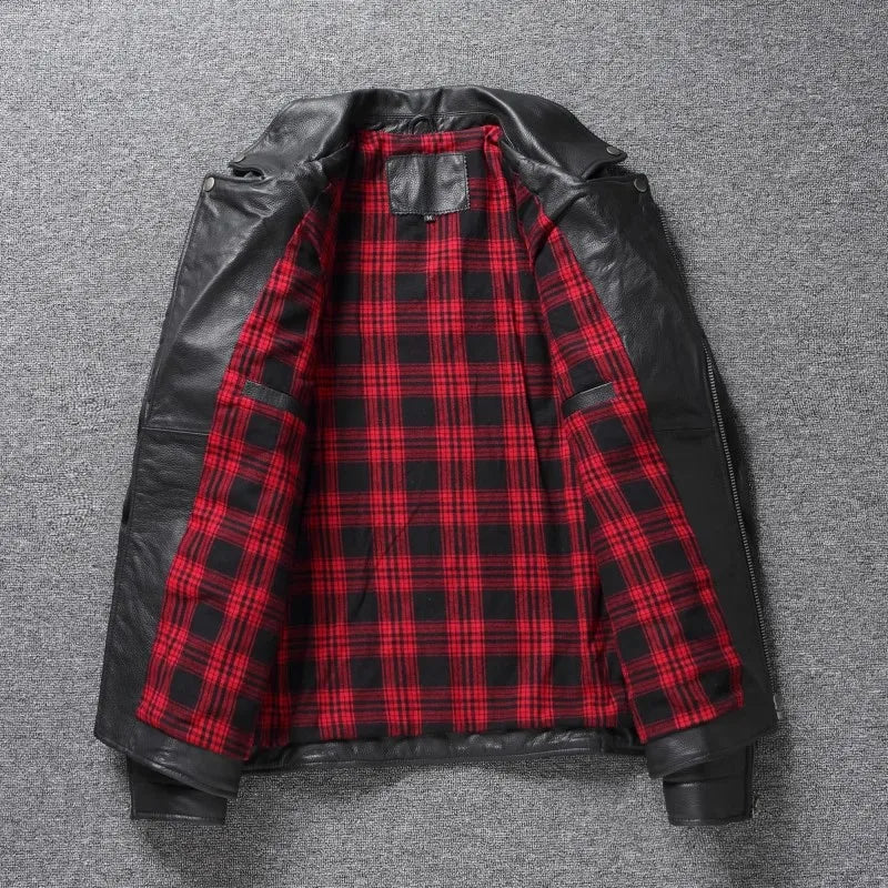 2024 New Style Autumn Winter First Layer Cowhide Leather Lapel Coat Men‘s Slim Short Youth Heavy Industry Motorcycle Jackets