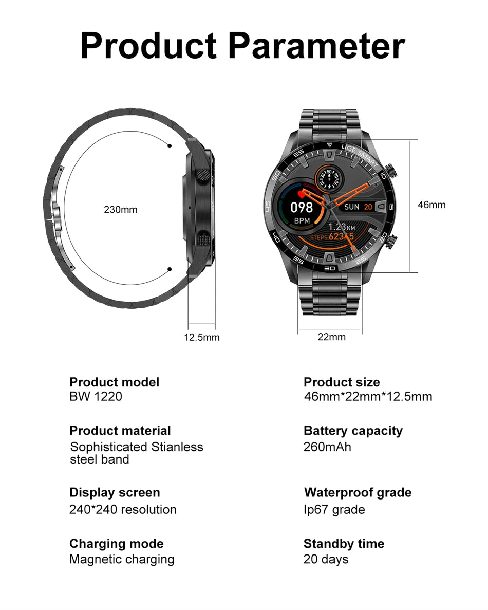 LIGE New BW0189 PRO Smart Watch Men Bluetooth Call Watch IP67 Waterproof Sports Fitness Watch For Android IOS Men Smart Watch