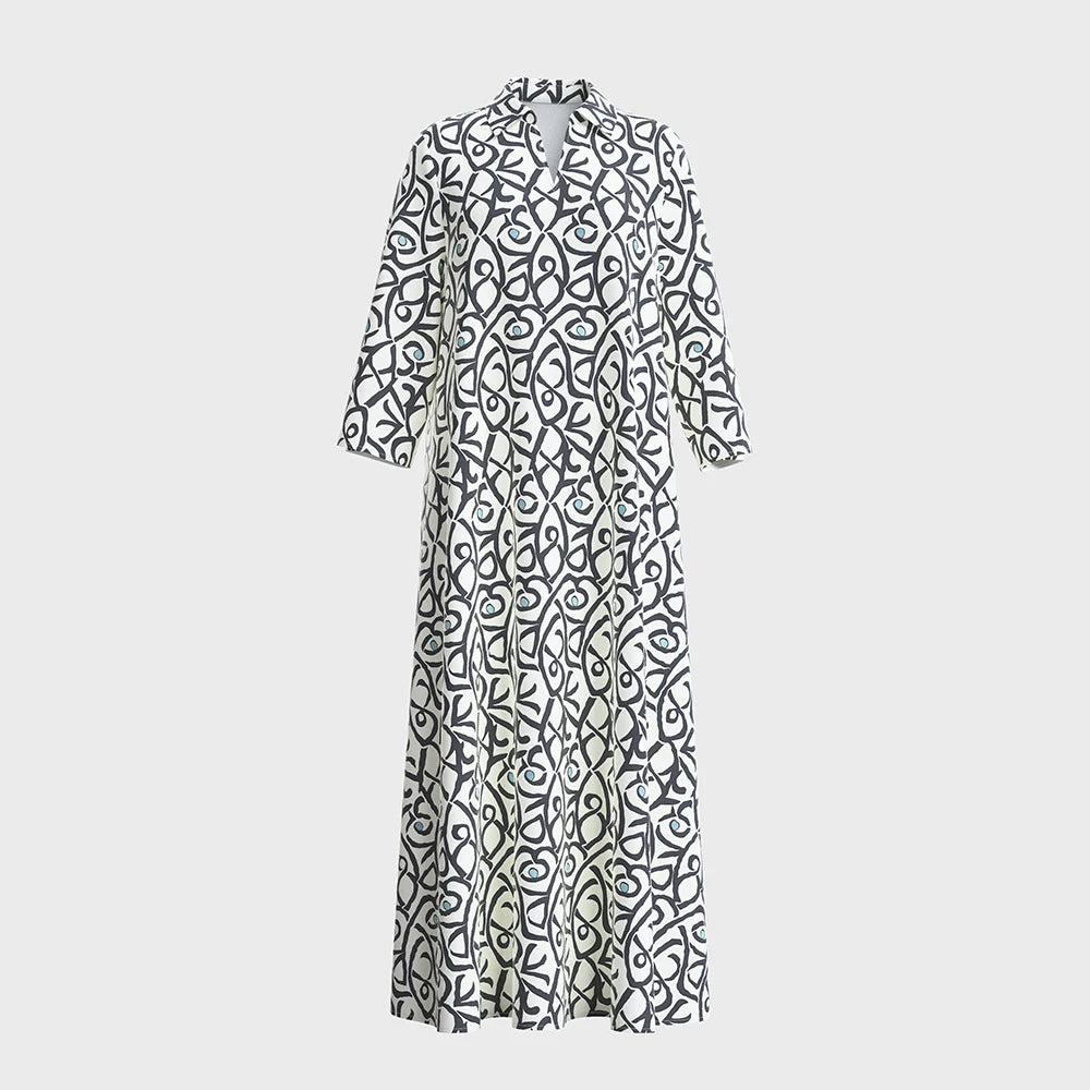 Plus Size Rafiah Women's Summer Arabian Dress 2025 Line Printing Long Sleeve Half Open Collar A-Line Draped Long Dress