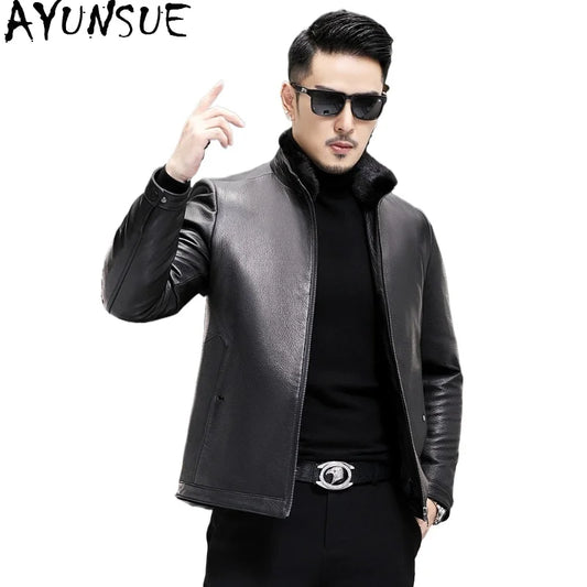 AYUNSUE 100% Real Goatskin Men Leather Jacket Stand Collar Detachable Down Liner and Mink Fur Liner Jackets Winter Mens Fur Coat
