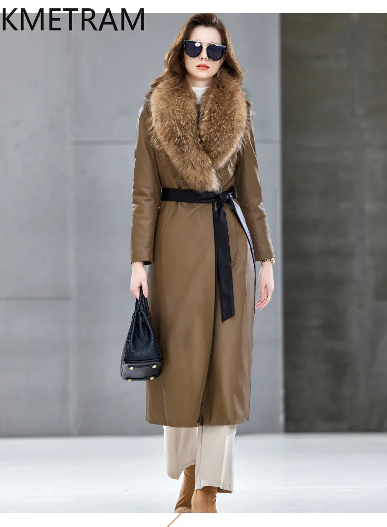 100% Sheepskin Puffer Jacket Women High Quality Long Down Coats Winter Raccoon Fur Collar Coat Womans Clothing Leren Donsjas