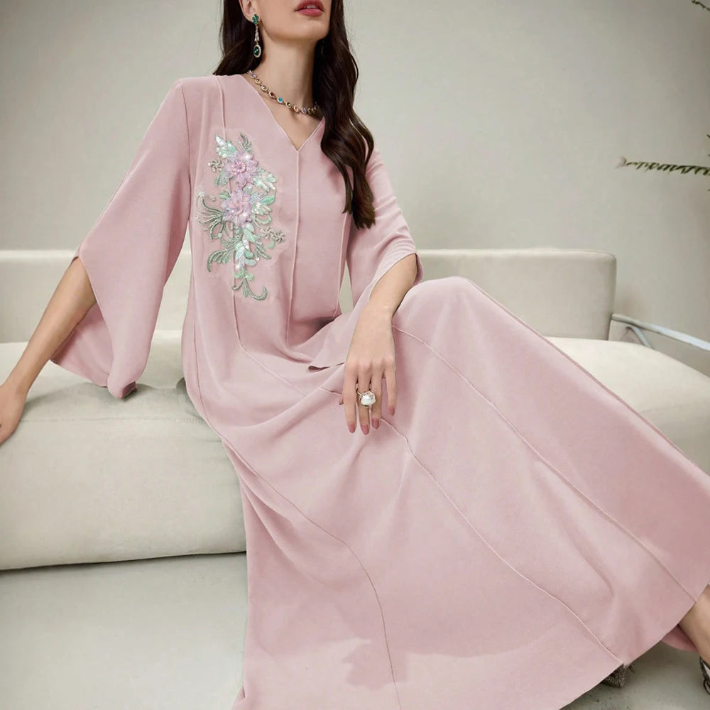 Rafiah Summer Dresses 2025 Women's Appliques Plain Draped Long Flare Sleeve V-Neck Loose Fit Basics Arabian Midi Dress