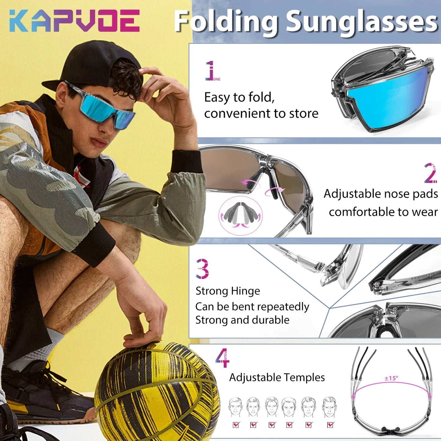 Kapvoe Polarized Folding Sunglasses Colored Multi Portable  Cycling Glasses UV400 Light Weight Runing Hiking Baseball Glasses