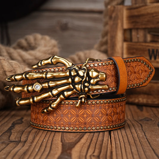 Men Women-Western-Cowboy-PU Leather-Belts - Vintage Belt Floral Engraved Buckle Belt for Jeans