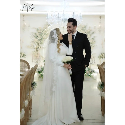 Mila White Square Collar Wedding Party Dresses Customized Long Sleeve Evening Dresses Court Train Elegant vestidos de fiesta