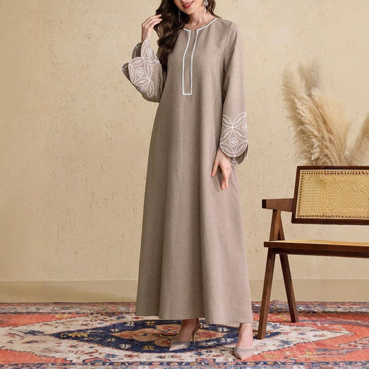 Rafiah Elegant Dress with Expanded Sleeves Featuring Neckline Embroidery Suitable for Spring Summer Arabic Dresses 2025