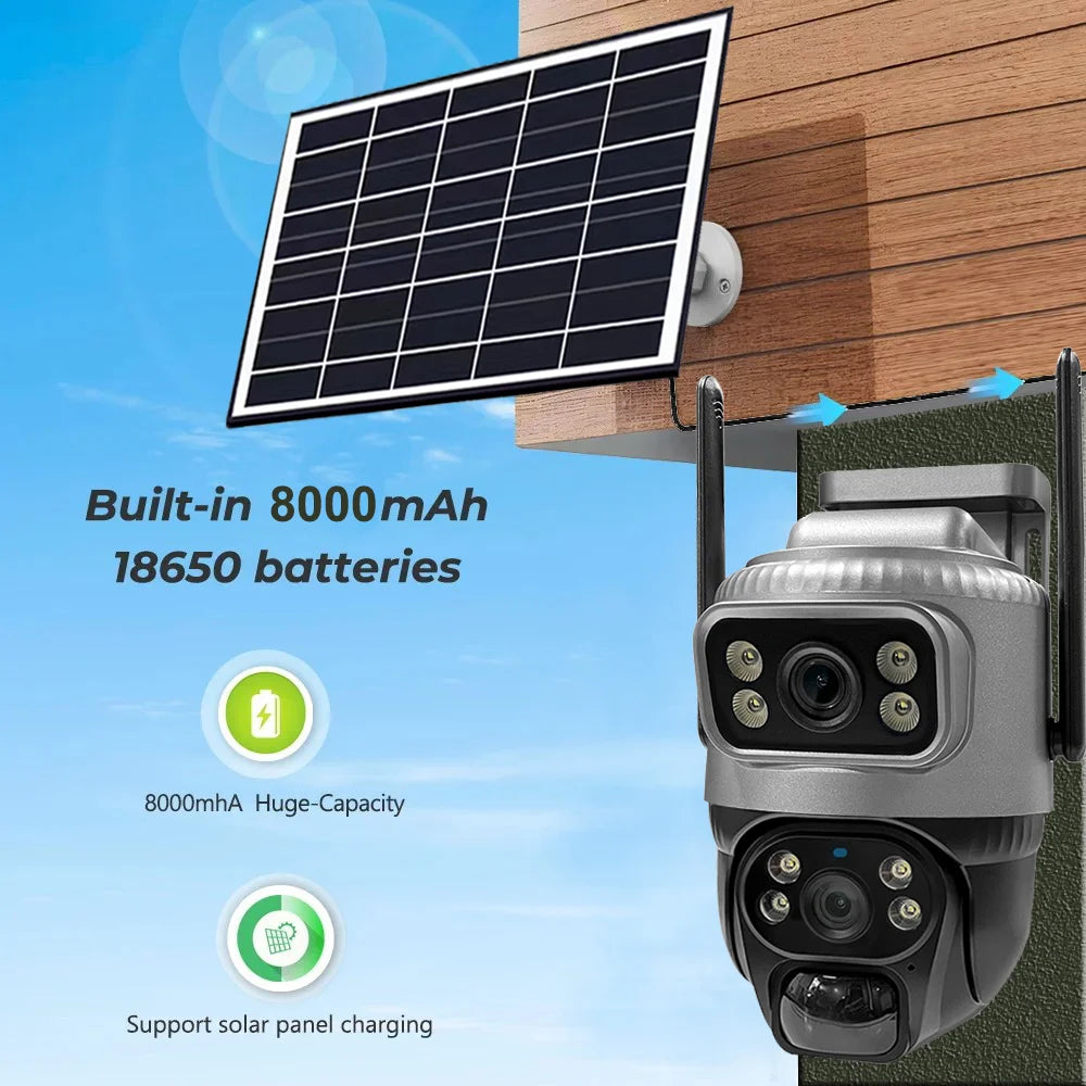 4G Solar Camera Outdoor Dual Lens PTZ Low Powered CCTV Video V380 Cameras PIR Motion Detect Security Protection Surveillance Cam