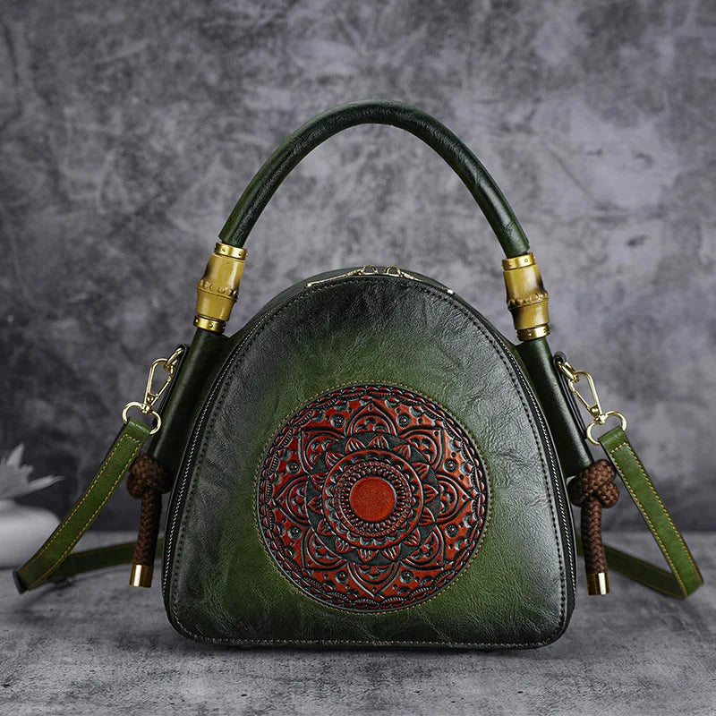 MOTAORA Bamboo Top Handle Embossed Leather Shoulder Bag, Vintage Bohemian Crossbody Purse for Women Handmade Large Capacity Tote
