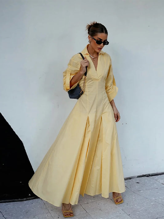 Elegant Lapel Waist-Cinched Pleated Shirt Dress – Women’s Half Sleeve Floor-Length Summer Style