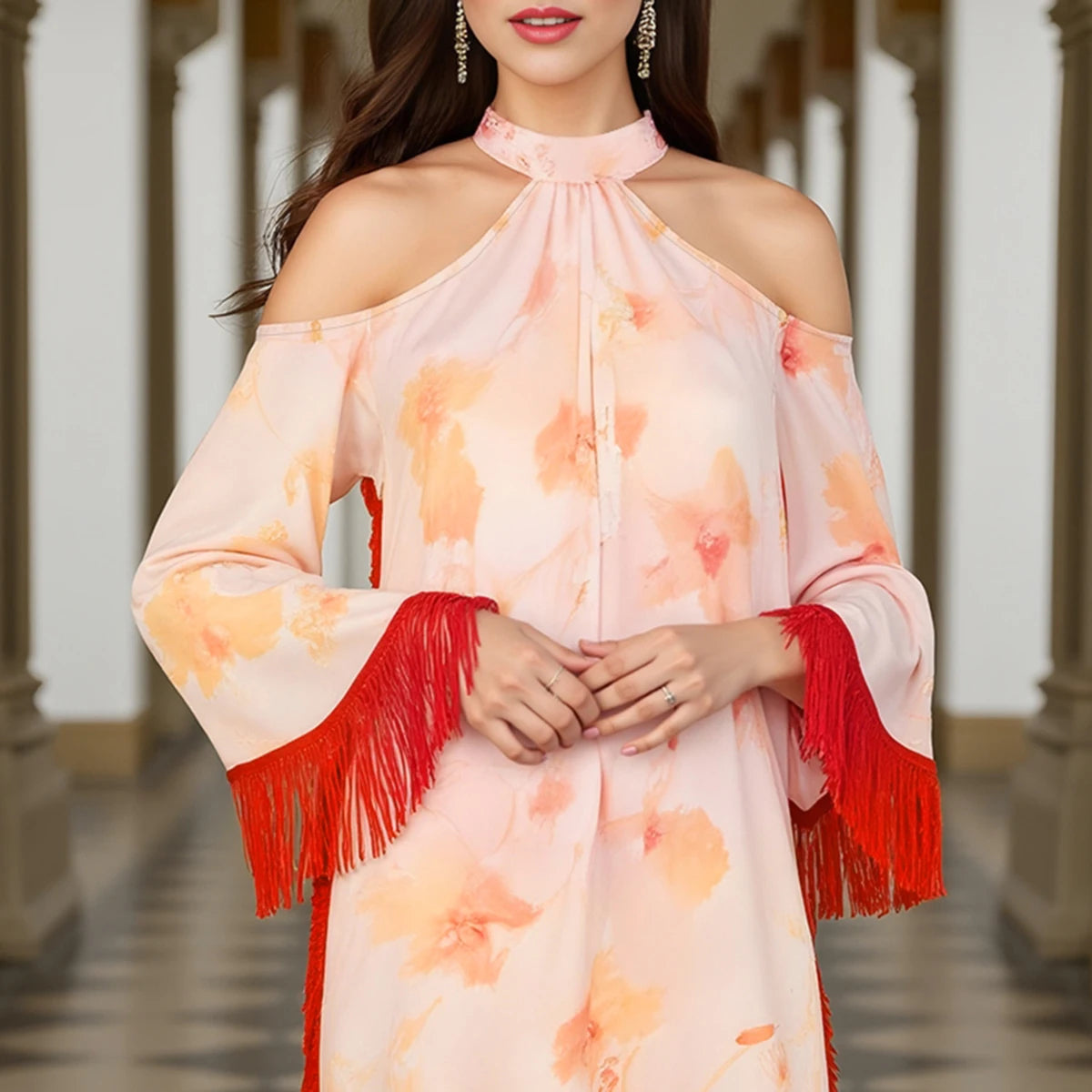 Rafiah Summer Dress 2025 Women's Elegant Full Print Tassel Long Sleeve Halter Neck Cut-Out A-Line Midi Dress
