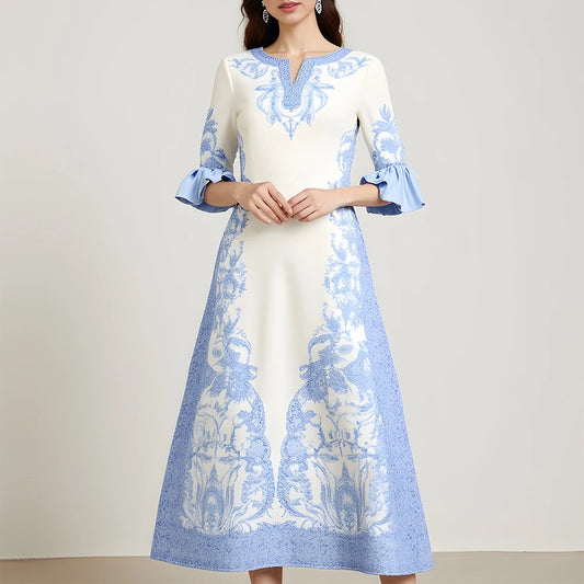 Rafiah Summer Arabian Dress 2025 Casual Traditional Graphic Printing Short Sleeve Split Neck Midi A-Line Long Dress For Women