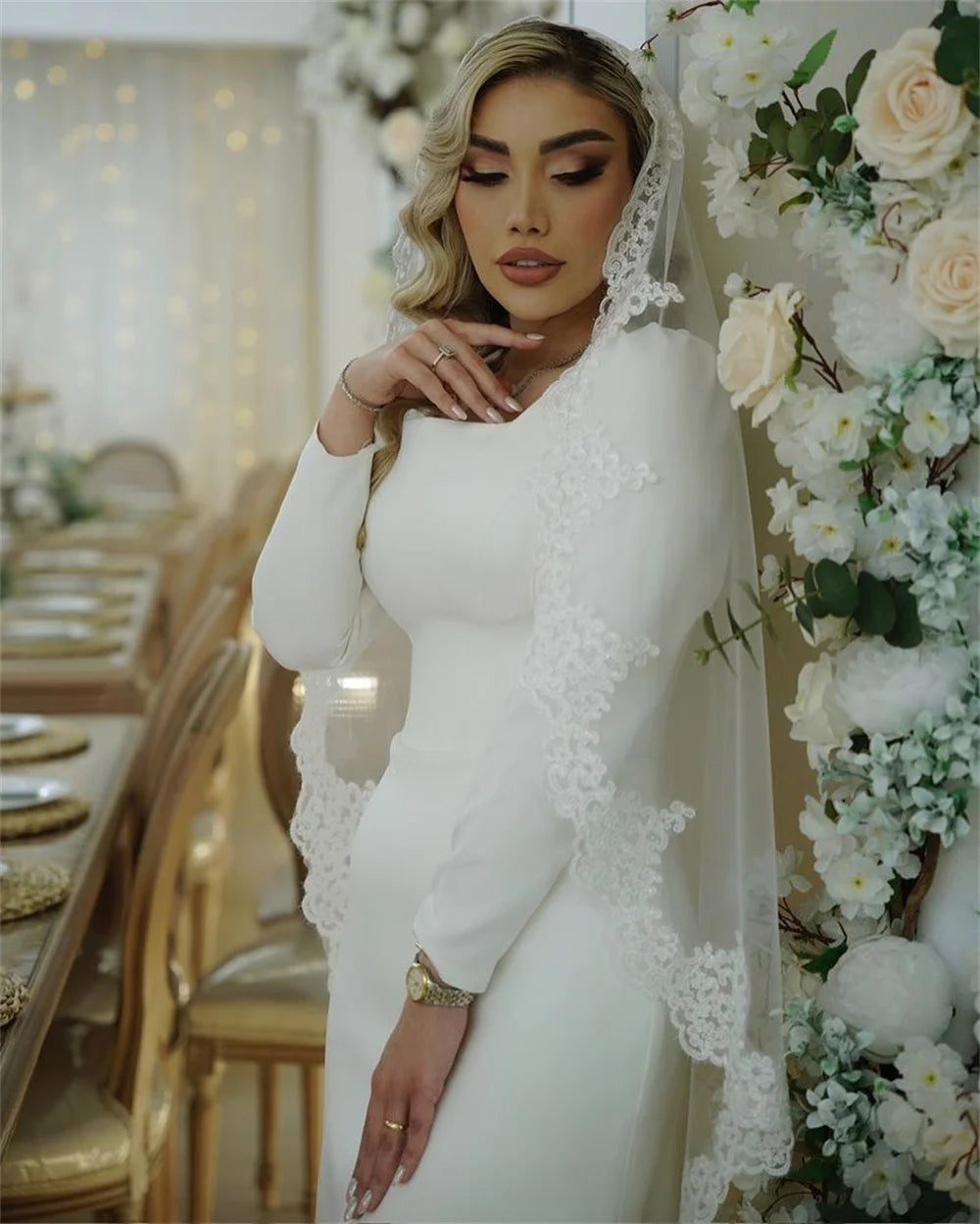 Mila White Square Collar Wedding Party Dresses Customized Long Sleeve Evening Dresses Court Train Elegant vestidos de fiesta