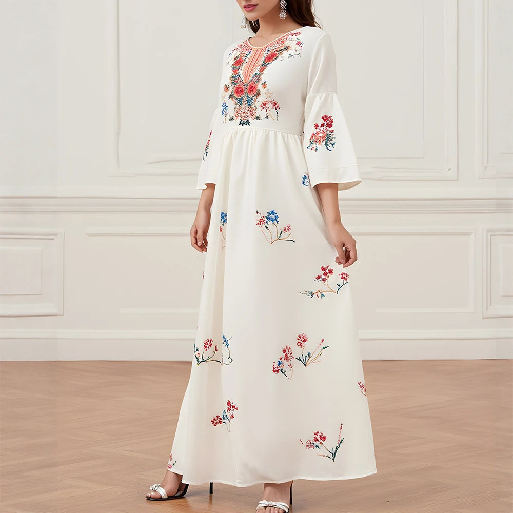Rafiah Summer Dresses 2025 Women's Flower Graphic Printing Long Sleeve V-Neck Fit and Flare Arabian Midi Dress