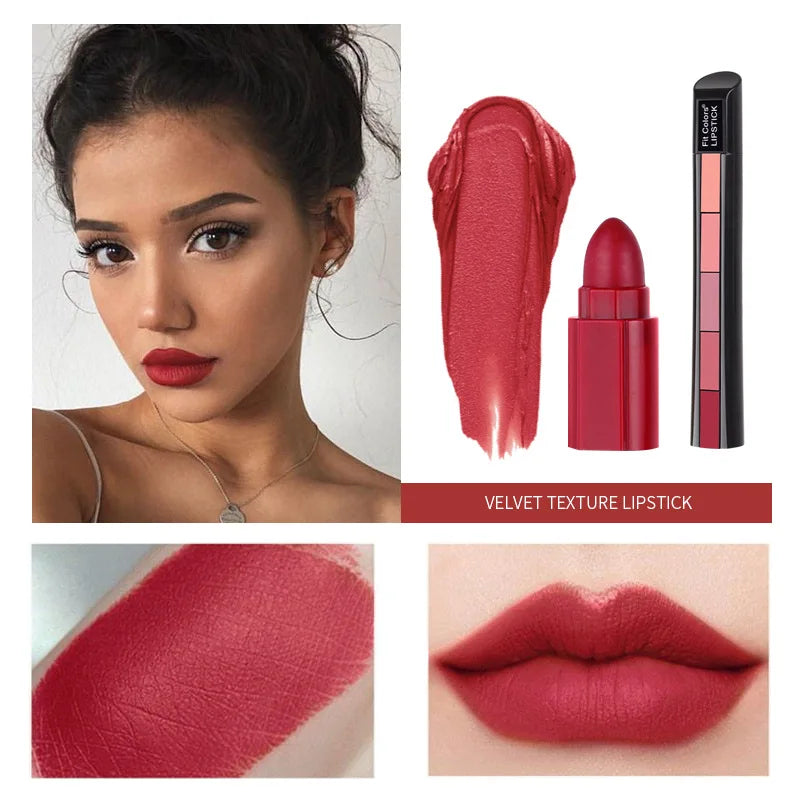 أحمر شفاه Fit Colors Matte بخمسة ألوان، مزيج من خمسة أقسام من Velvet Mist مع لون أحمر شفاه غير لاصق في كوب