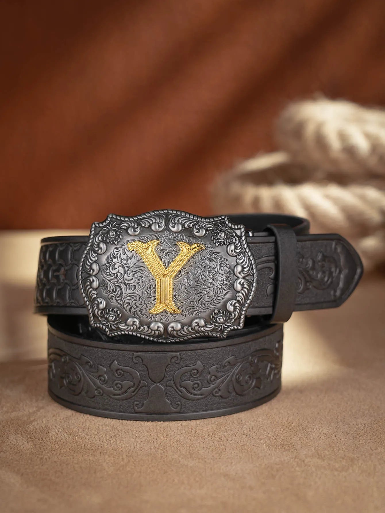 Western Cowboy PU Leather Belt - Men Waist Strap Bull Decoration Floral Engraved for Jeans