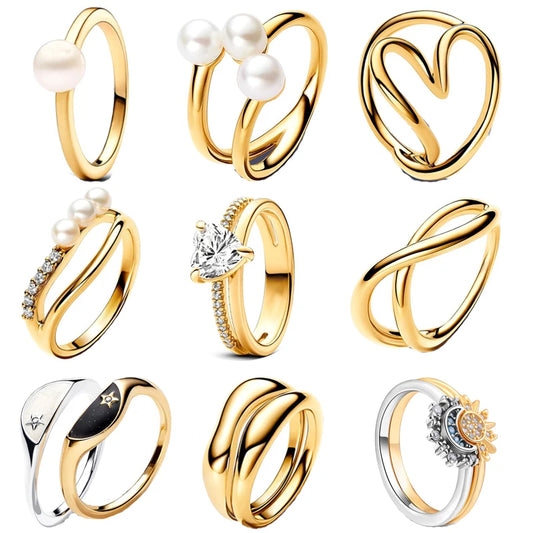 New 925 Sterling Silver Organically Shaped Stacking Pearls Hearts Stars Moon Sun Day Night Sparkling Pan Rings Women Jewelry ﻿