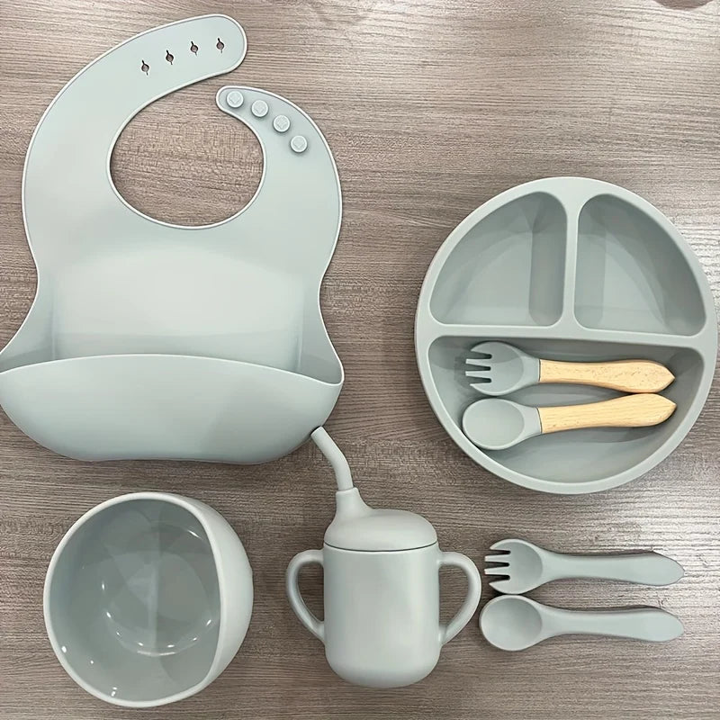 Silicone Baby Feeding Set Microwave Oven Safe for 0-3 Years Includes Suction Plate Soft Bowl Spoons Forks Bib Snack Cup