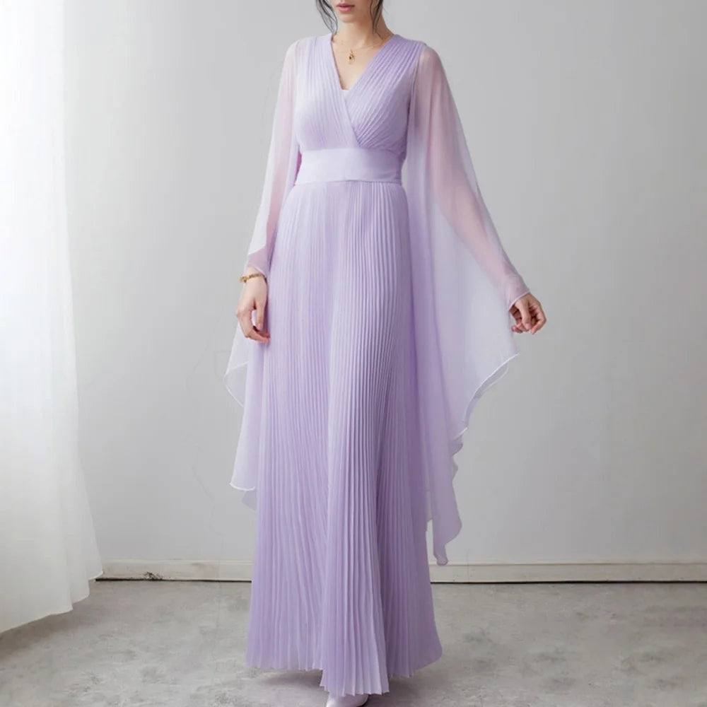 Rafiah Summer Women's Arabian Dresses 2025 Classic Elegant Solid Color Folds Gauze Long Sleeve V-Neck Evening Dresses