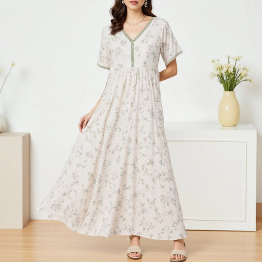 Rafiah Autumn Arabian Long Dress 2025 Casual Daily Ditsy Floral Short Sleeve V-Neck A-Line Dress For Women