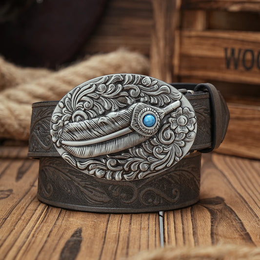 Men & Women-Western-Cowboy-PU Leather-Belts - Vintage horse Belt Floral Engraved Buckle Belt for Jeans