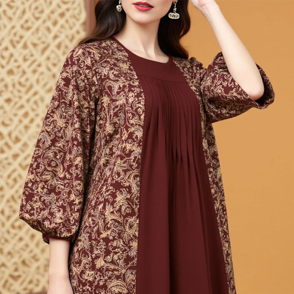 Rafiah Summer Arabian Dress 2025 Classic Patchwork Graphic Printing Long Sleeve Crew Neck Midi A-Line Long Dress For Women