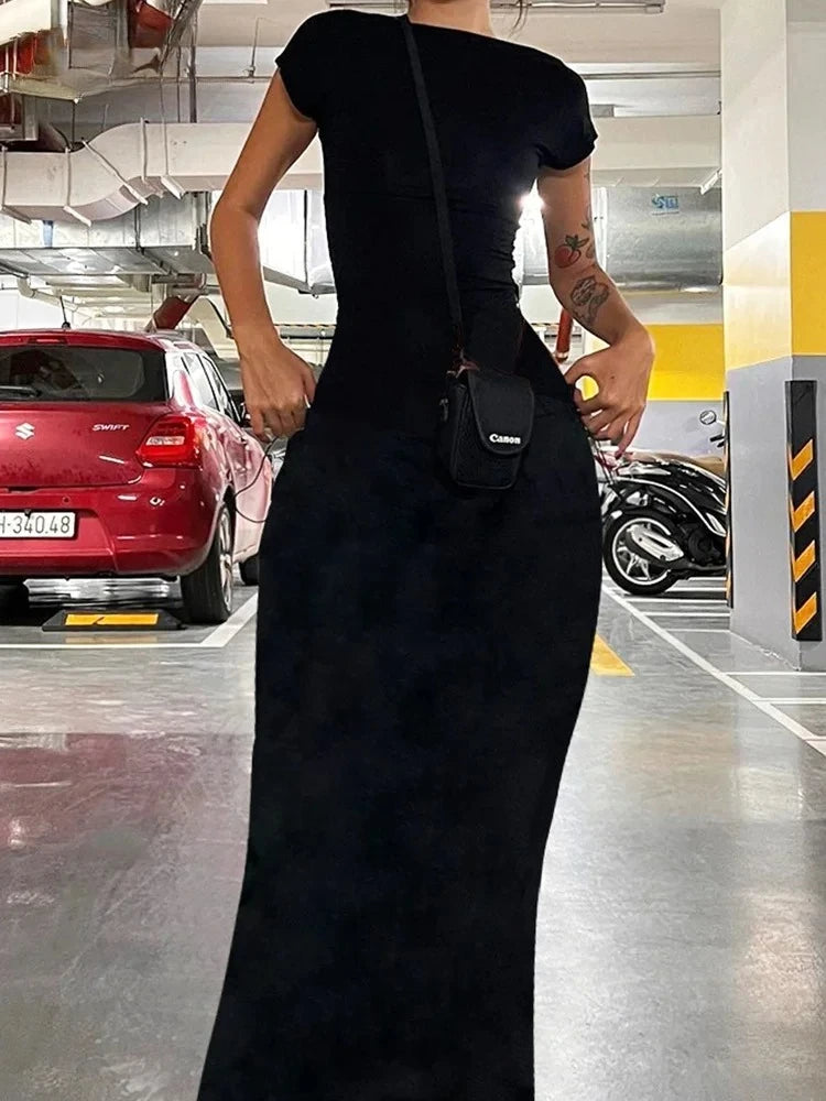 Women Solid Sexy Backless Maxi Dress Women Elegant Elastic Slim Short Sleeve Long Dresses Female Bodycon Streetwear Clothing
