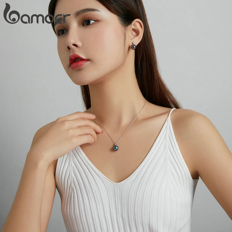 bamoer 925 Sterling Silver Elegant Black Pearl Earrings Necklace Shell Pearl Necklace Chain for Women Fine Jewelry Set BSN226