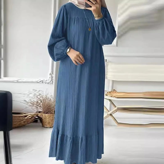 Rafiah Women's Dresses Summer Comfortable Elegant 2025 Folds Plain Long Sleeve Round Neck A-Line Midi Vacation Long Dress