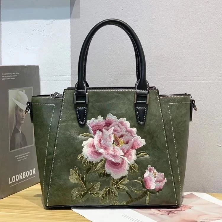 MOTAORA 2025 New Chinese Style Women's Leather Shoulder Bag | Embroidery Flower Handbag