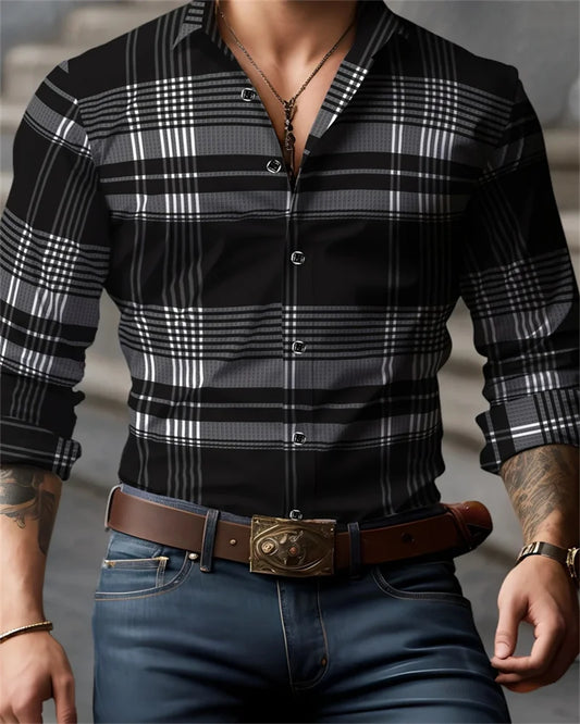 New Men's Black Shirt 3D Printed Fit Button Evening Dress Casual Sports Shirt Fashion Comfortable Long Sleeves