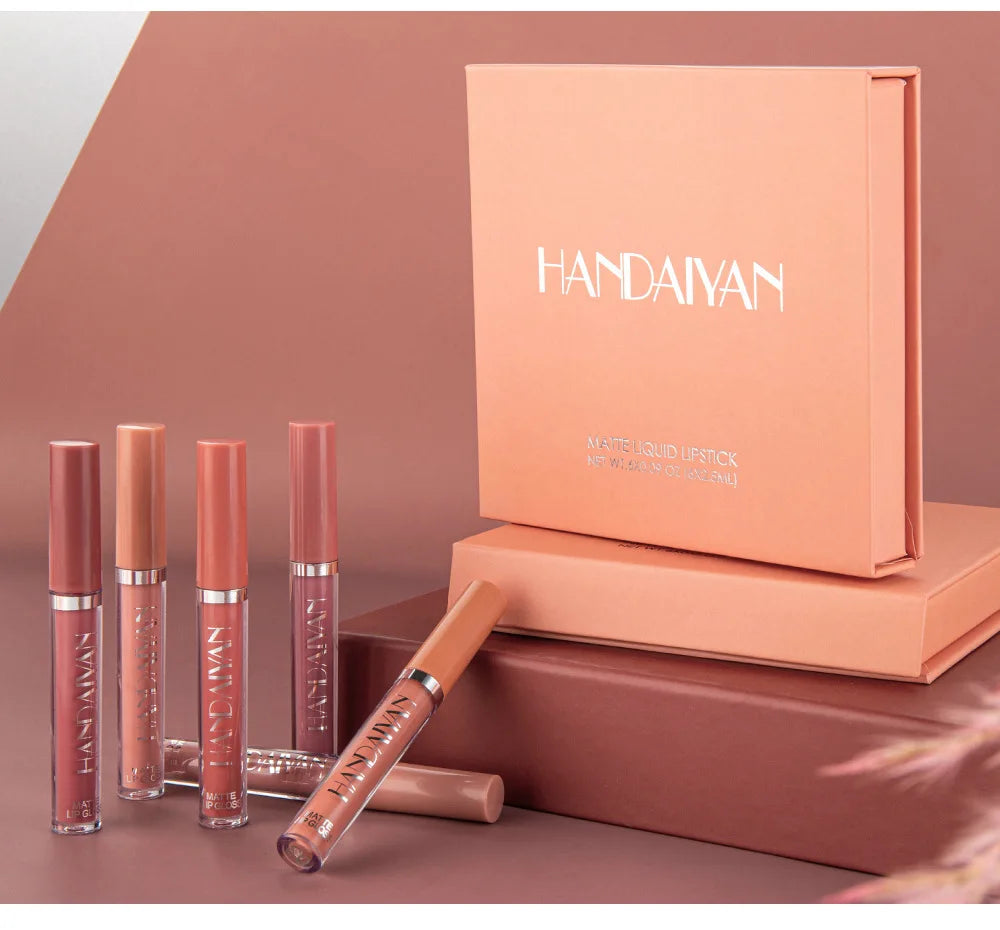 HANDAIYAN 6 Shade Lipstick Set Matte Finish Liquid Lip Gloss Waterproof Long Lasting No Smudge Vegan Beauty