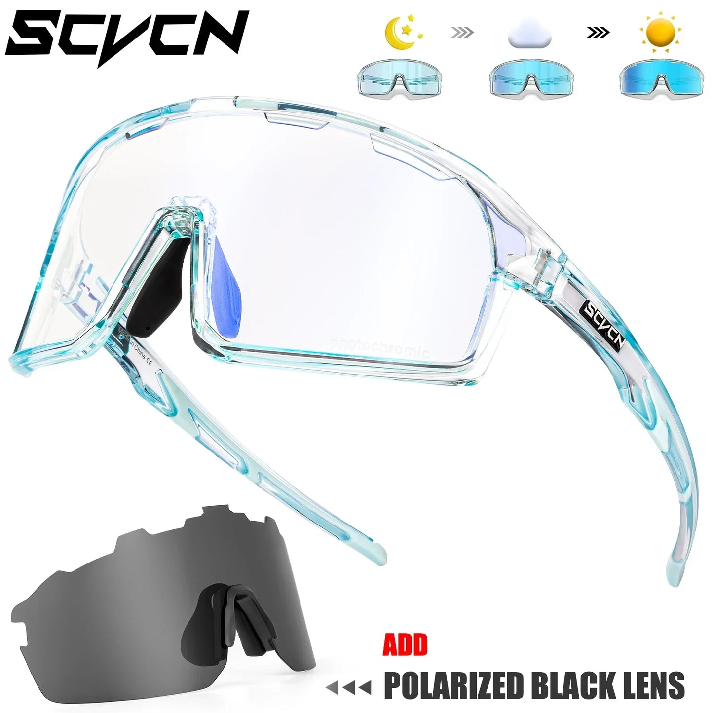 SCVCN Photochromic Cycling Sunglasses for Man Blue Outdoor Sports Bike Glasses MTB Fishing Glasses Bicycle Goggles UV400 2lens