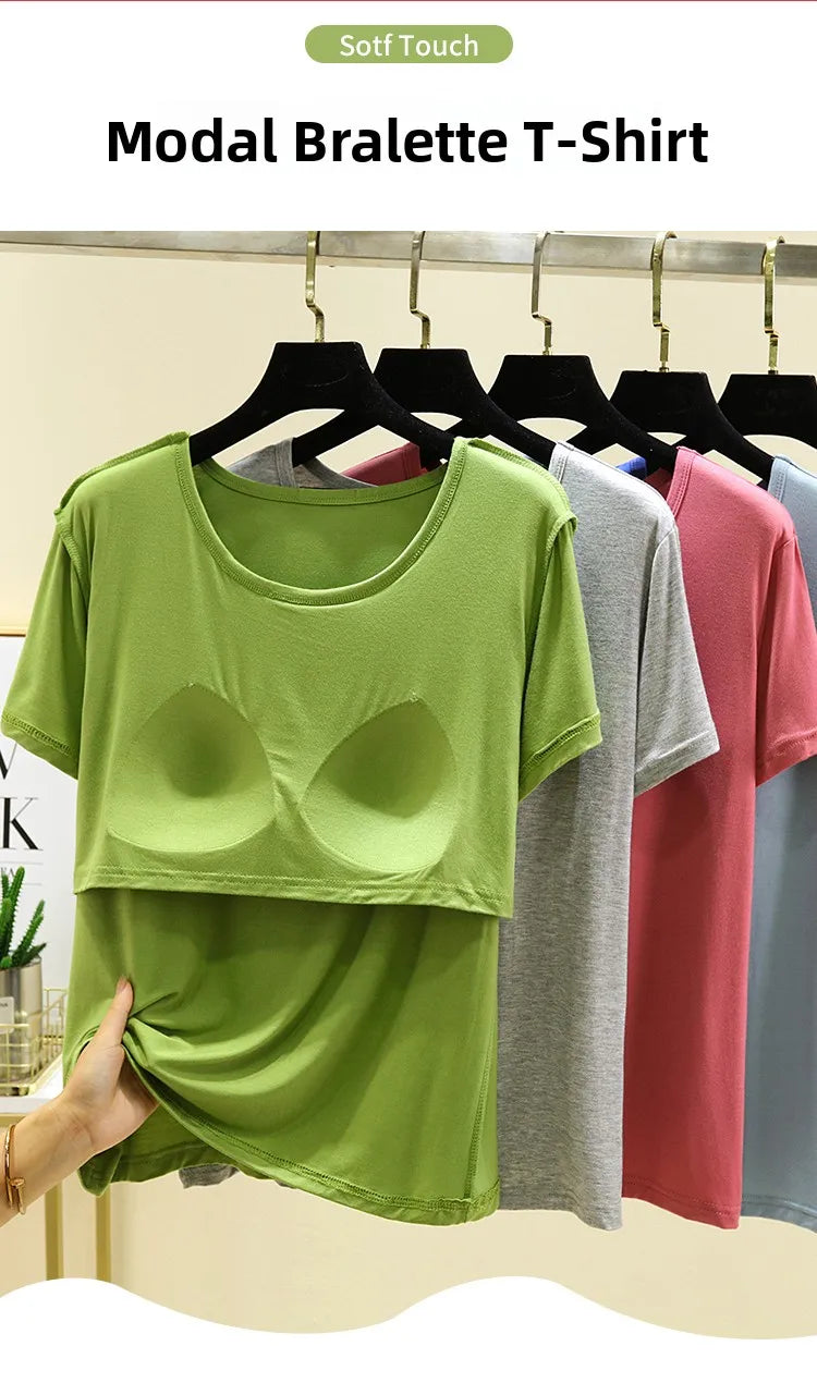 Loose Modal T-irt Women's Spring Summer round Ne ort Sve Built-In Bra Large Size Base irt Casual Sle Summer Top