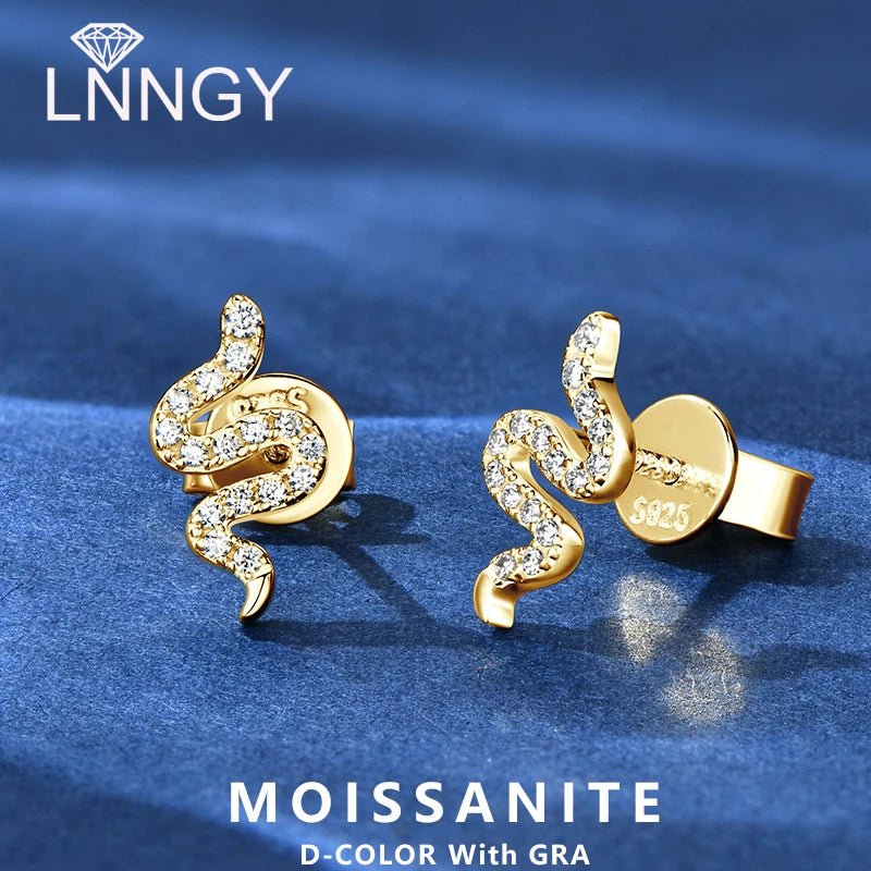 Lnngy Certified 925 Sterling Silver Snake Shape Stud Earrings 1.1MM*1.0MM*0.9MM Moissanite Earring for Women Daily Jewelry Gift