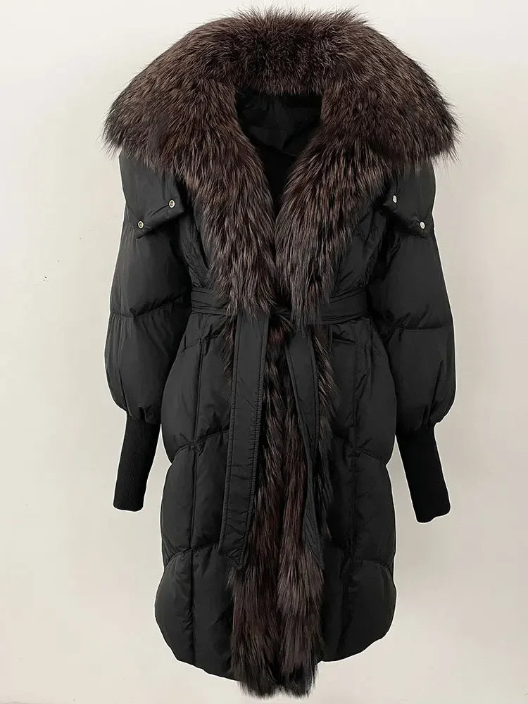 2025 Autumn Winter Women Coat Real Natural Fox Fur Long Down Jacket Thick Warm Casual Hooded White Duck Down Elegant Overwears