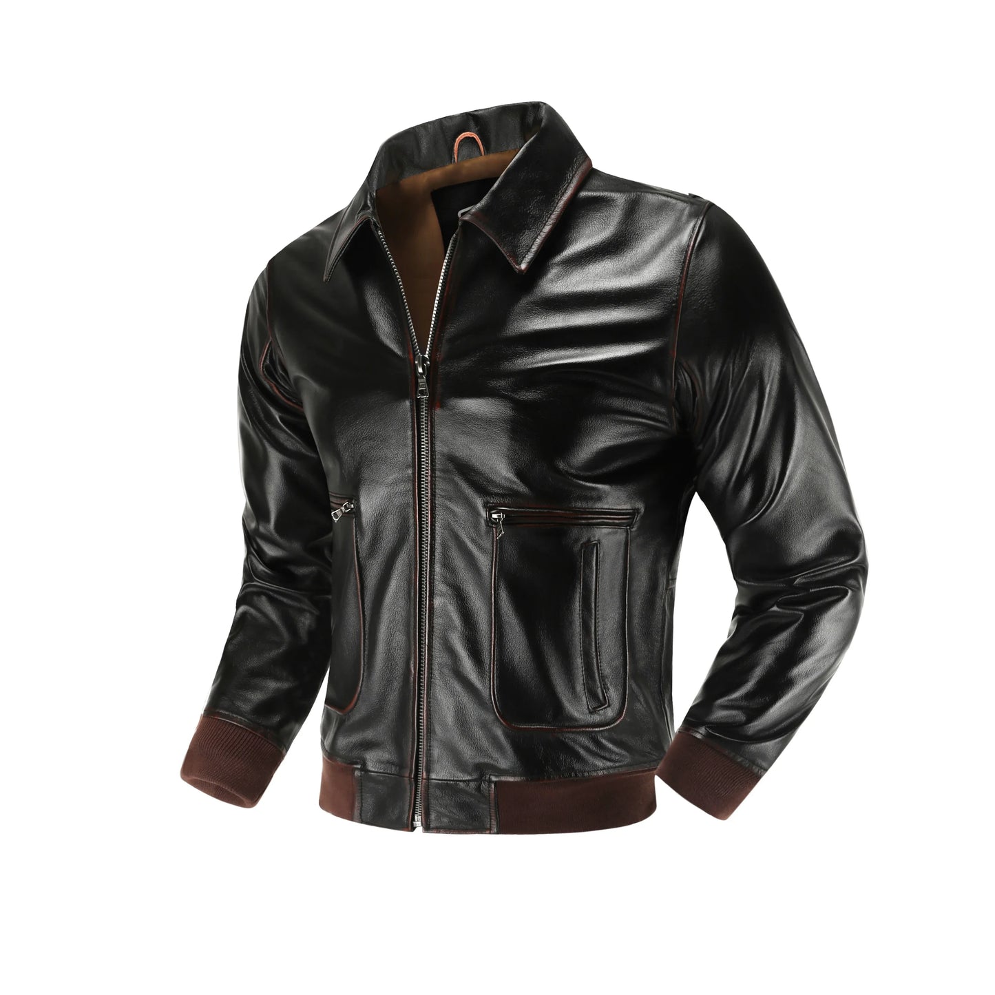 Men’s Top Layer Genuine Leather A2 Pilot Jacket – Retro Military Short Lapel Coat