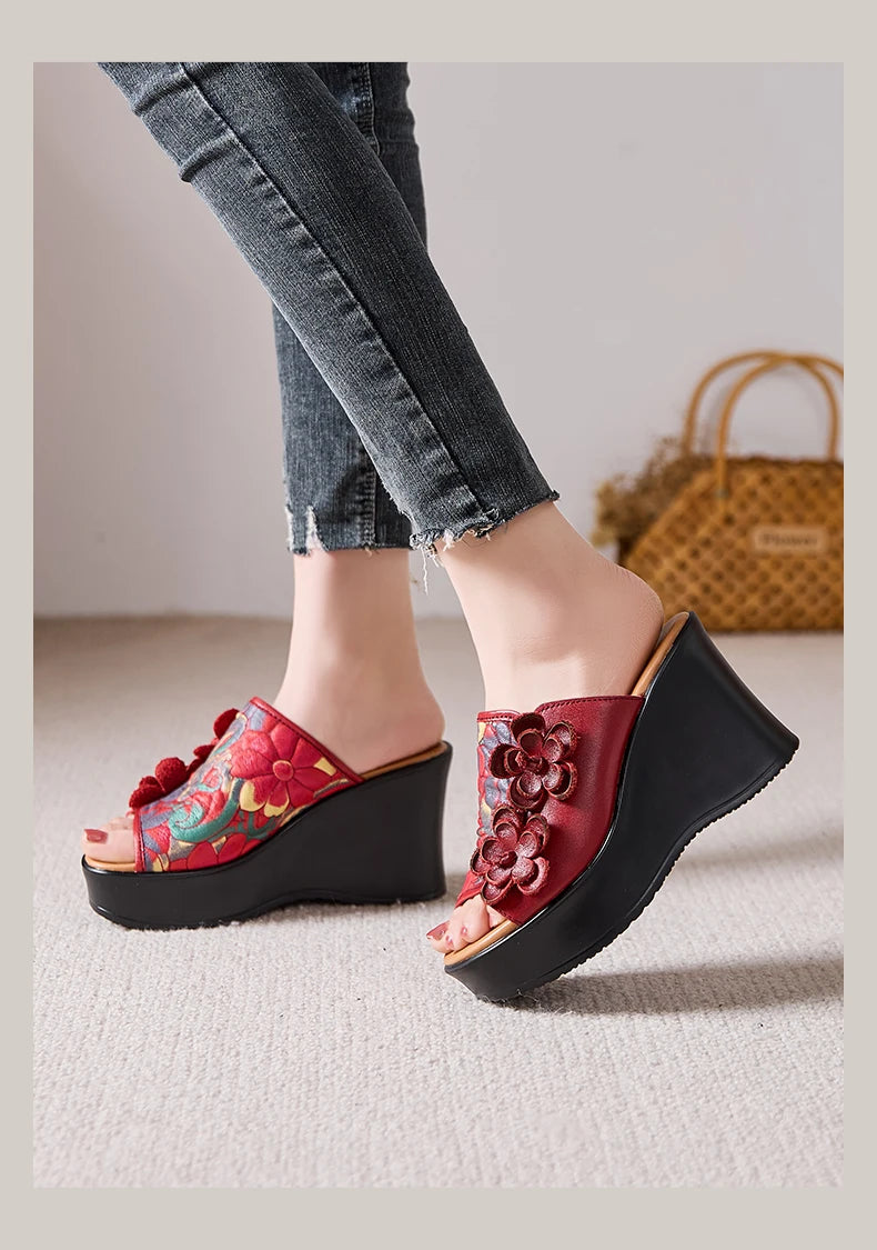 Genuine Leather Women Flower High Heels Wedges Summer Platform Slippers