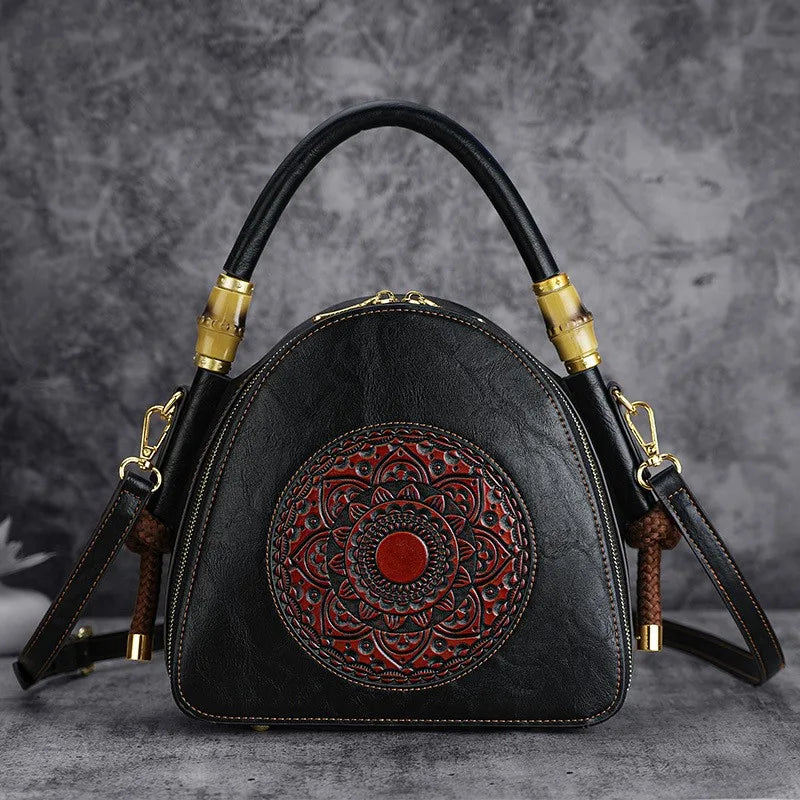 MOTAORA Bamboo Top Handle Embossed Leather Shoulder Bag, Vintage Bohemian Crossbody Purse for Women Handmade Large Capacity Tote