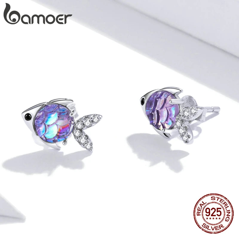 Bamoer 925 Sterling Silver Purple Fish Jewelry Set Happy Tropical Litte Fish Earrings Necklace for Women Fashion Jewelry SCE1028
