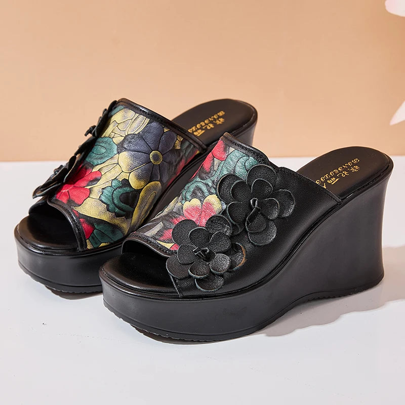 Genuine Leather Women Flower High Heels Wedges Summer Platform Slippers