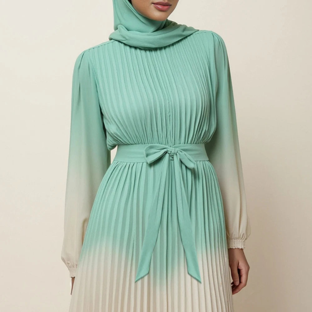 Rafiah Autumn Arabian Long Dress 2025 Fashion Basics Gradient Pleated Long Sleeve Crew Neck A-Line Dress For Women