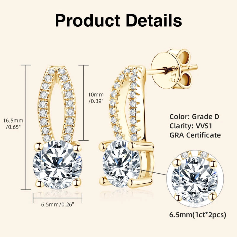 Lnngy pendientes plata 925 Sterling Silver Earring GRA Certified 6.5mm Moissanite Stud Earrings for Women Wedding Party Jewelry