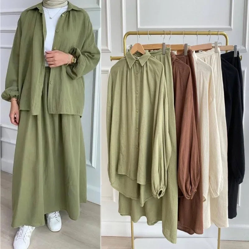 2 Piece Long Sleeve Shirt+Skirts Eid Muslim Women Elegant Sets Abaya Dubai Turkey Islamic Casual Tops Solid Color Skirt Fashion