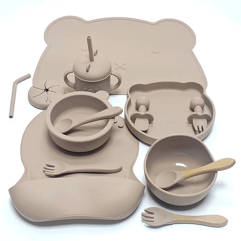 14pcs Silicone Baby Tableware Set Food Children Supplementary Bowl Baby Dinner Plate Fork Spoon Bib Non-slip Bowl Drop-proof Bow